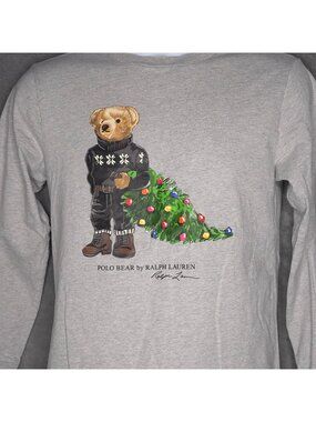 Polo Ralph Lauren Kids Christmas Bear Graphic T-Shirt Gray L 14/16 Long Sleeve